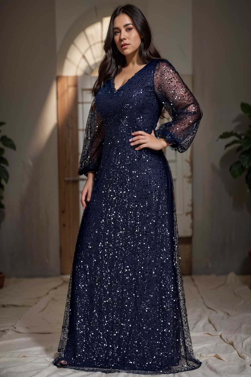 v neck sequin a line evening gown with lantern sleeves for curvy ladies