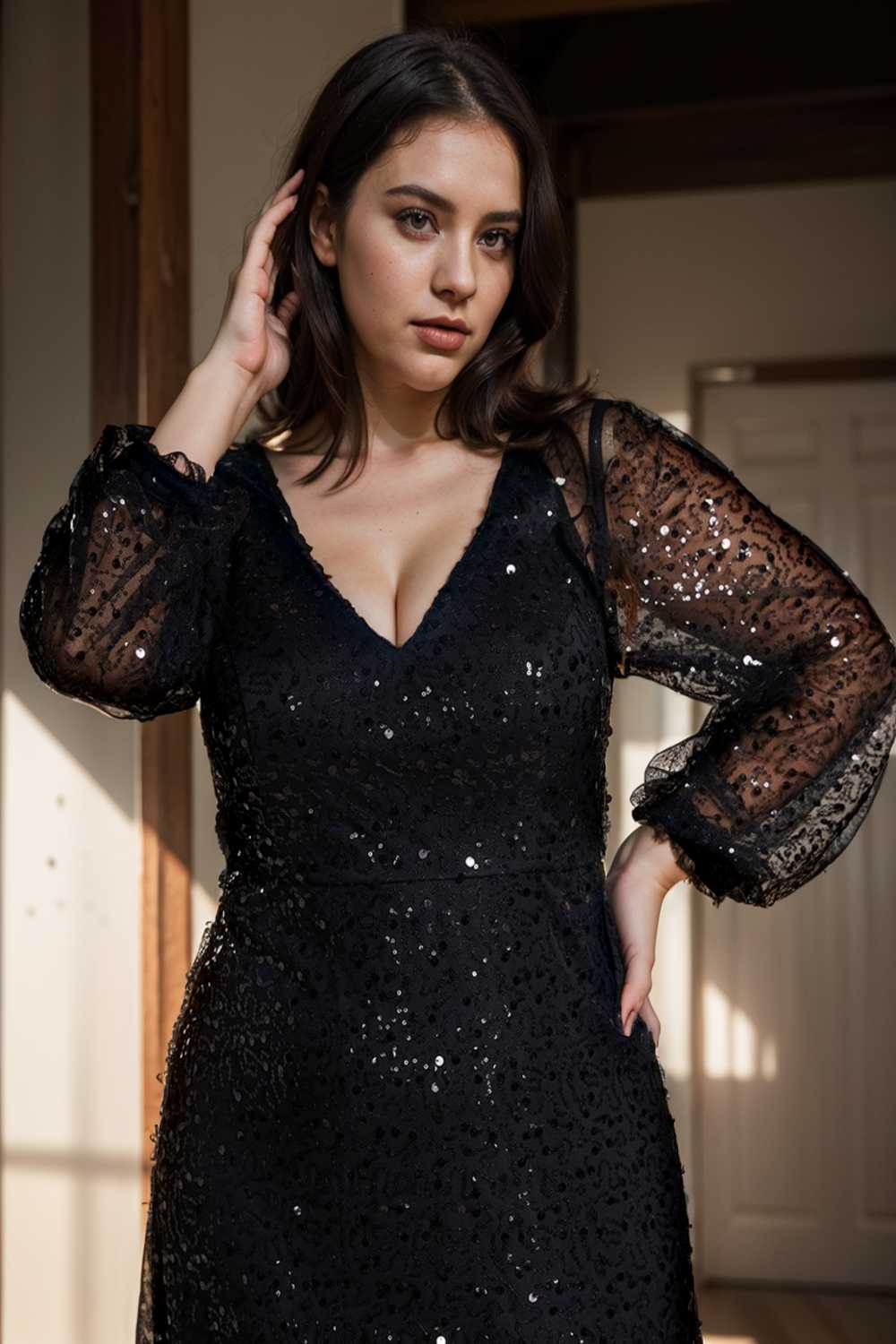 v neck sequin a line evening gown with lantern sleeves for curvy ladies