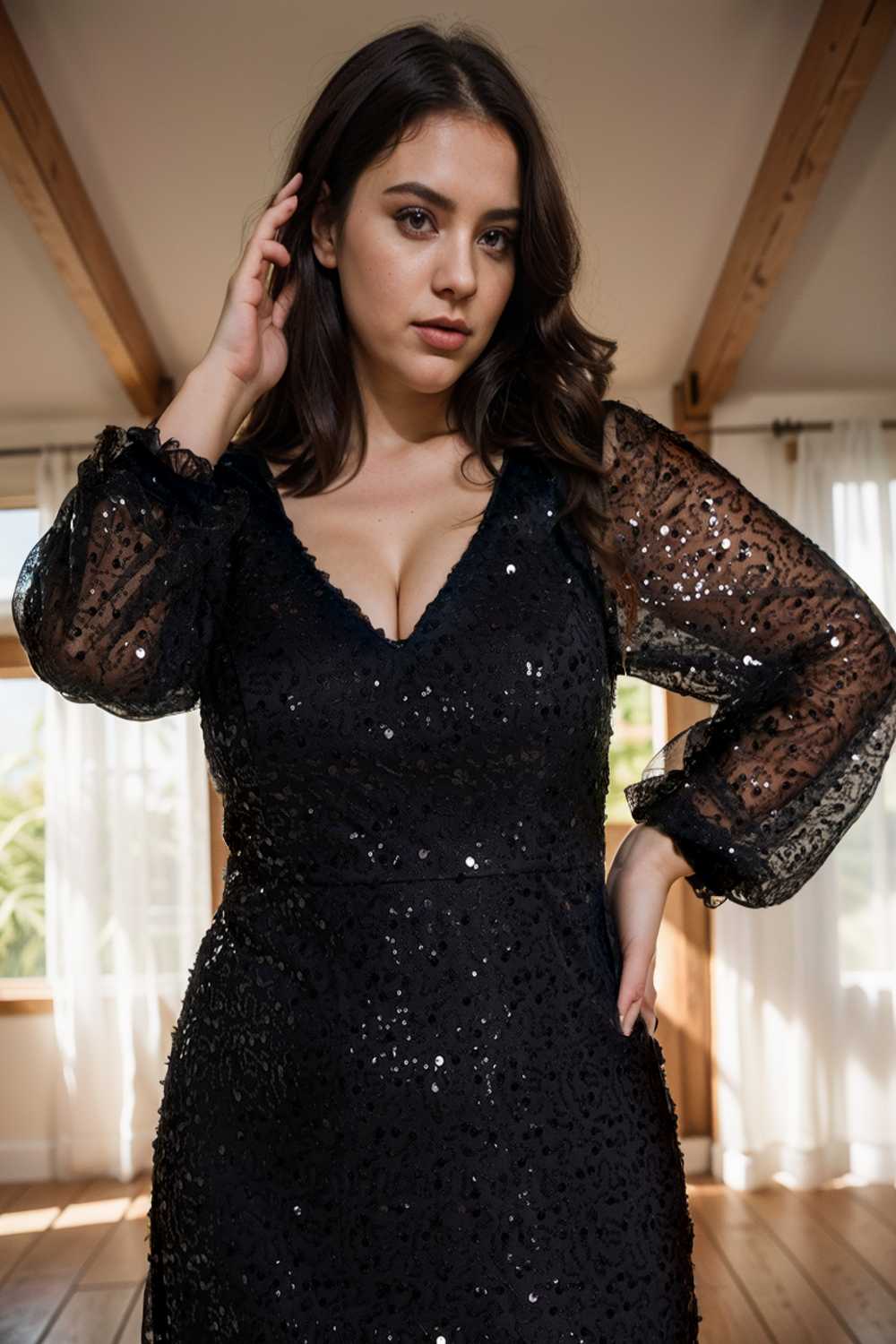 v neck sequin a line evening gown with lantern sleeves for curvy ladies