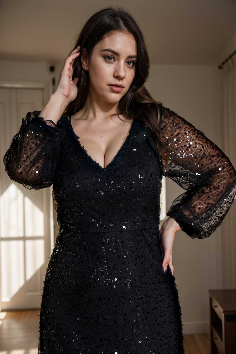 v neck sequin a line evening gown with lantern sleeves for curvy ladies