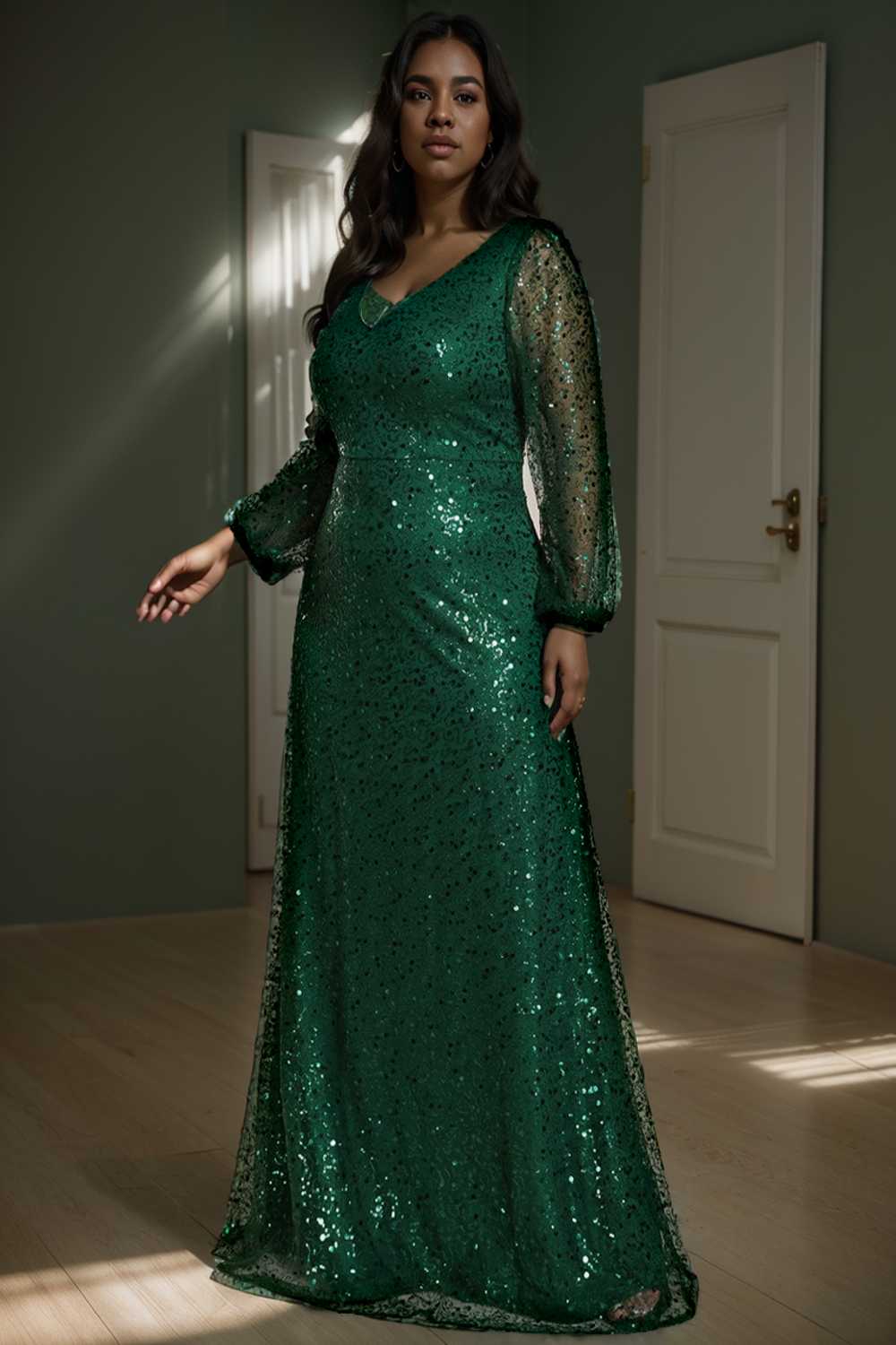 v neck sequin a line evening gown with lantern sleeves for curvy ladies