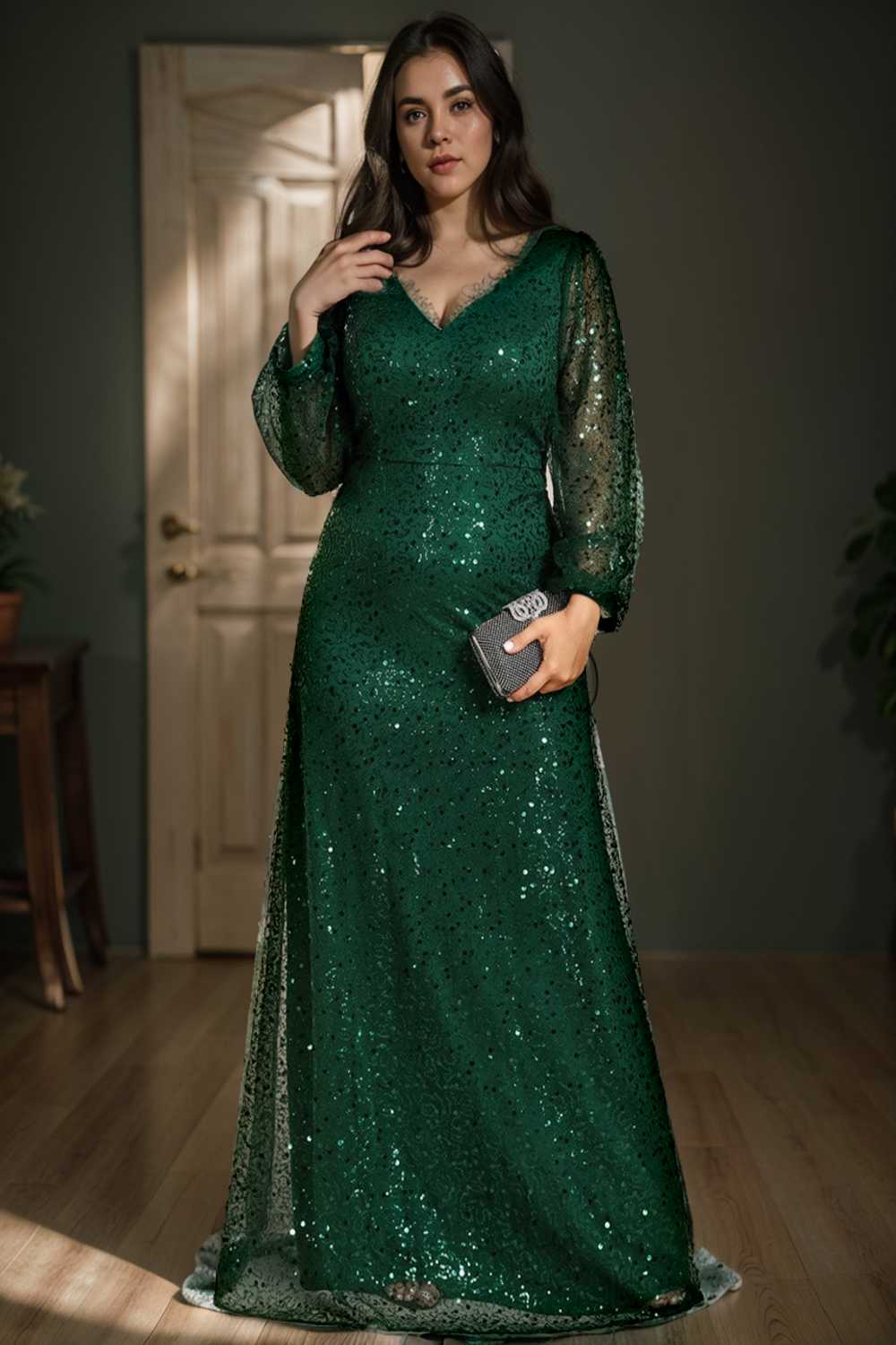 v neck sequin a line evening gown with lantern sleeves for curvy ladies