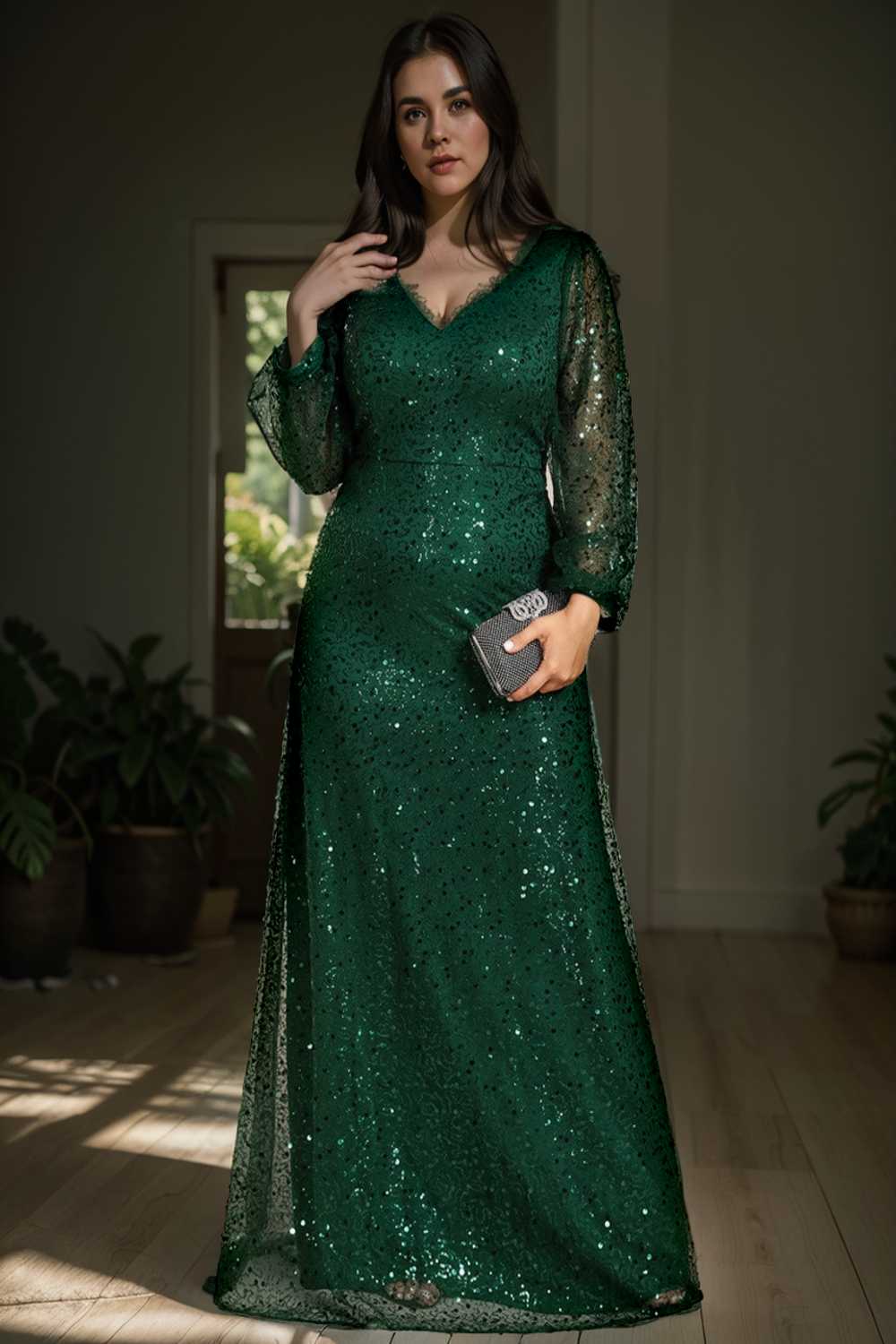 v neck sequin a line evening gown with lantern sleeves for curvy ladies
