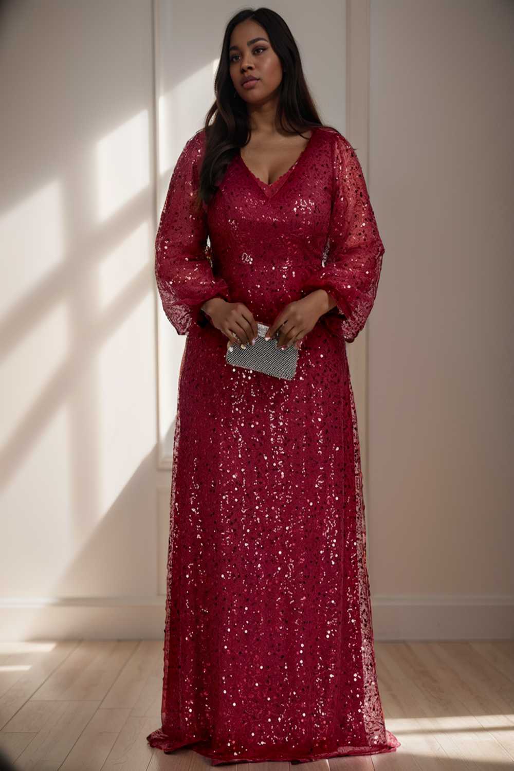 v neck sequin a line evening gown with lantern sleeves for curvy ladies