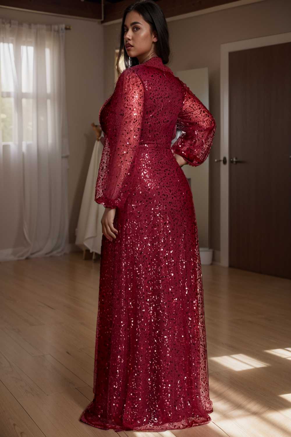 v neck sequin a line evening gown with lantern sleeves for curvy ladies