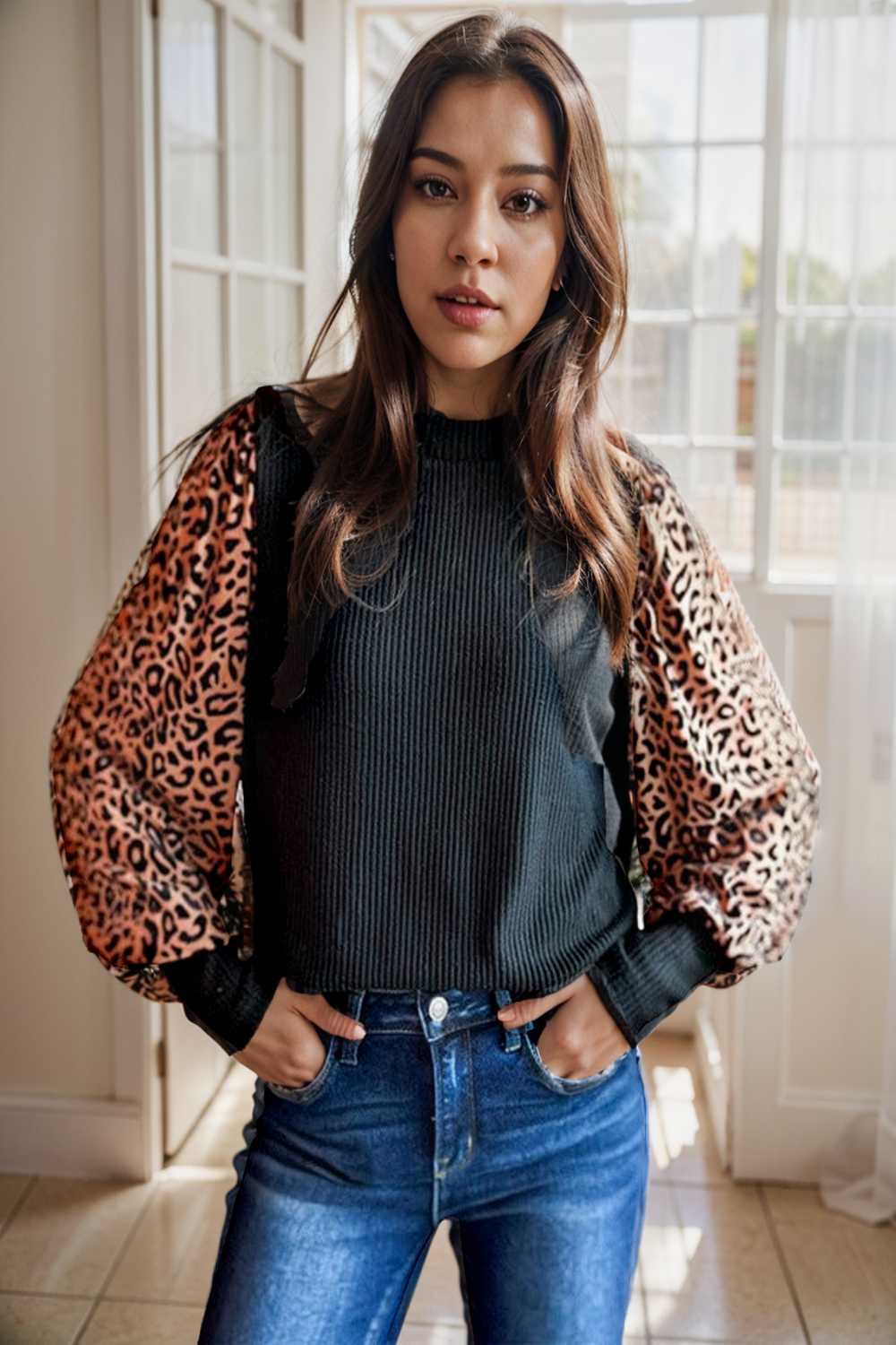 women s loose fit leopard print knit pullover with round neck and casual style top