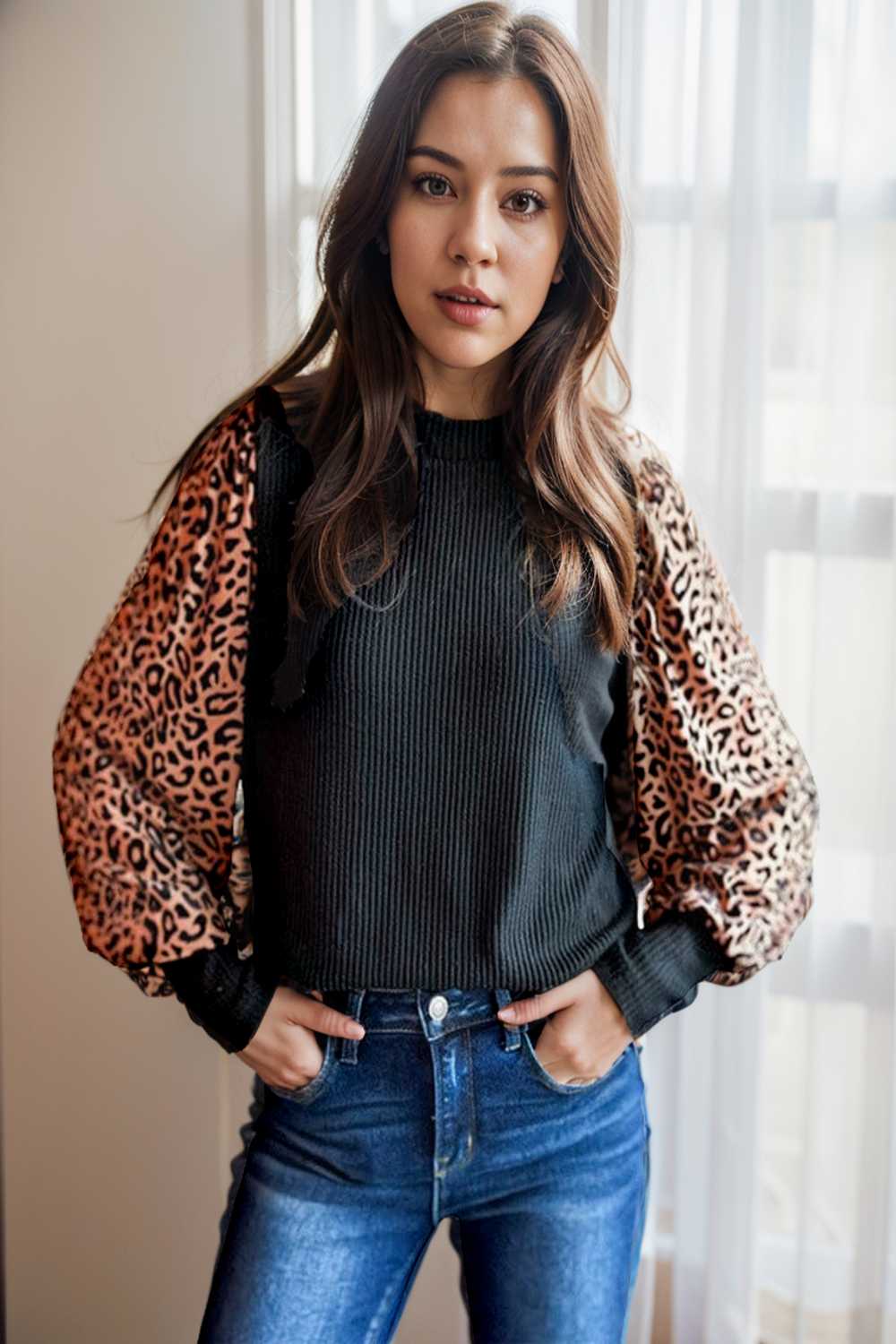 women s loose fit leopard print knit pullover with round neck and casual style top