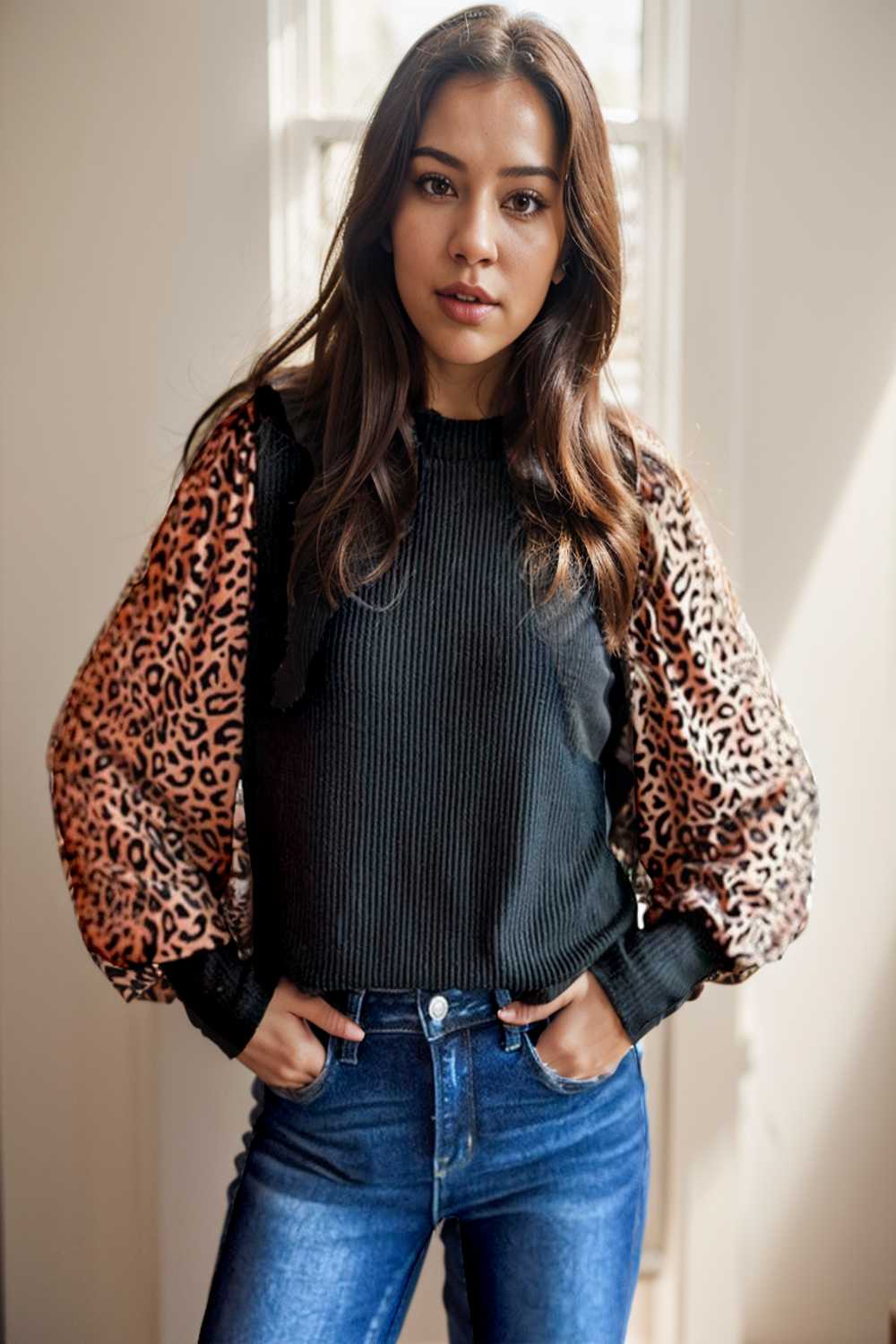 women s loose fit leopard print knit pullover with round neck and casual style top