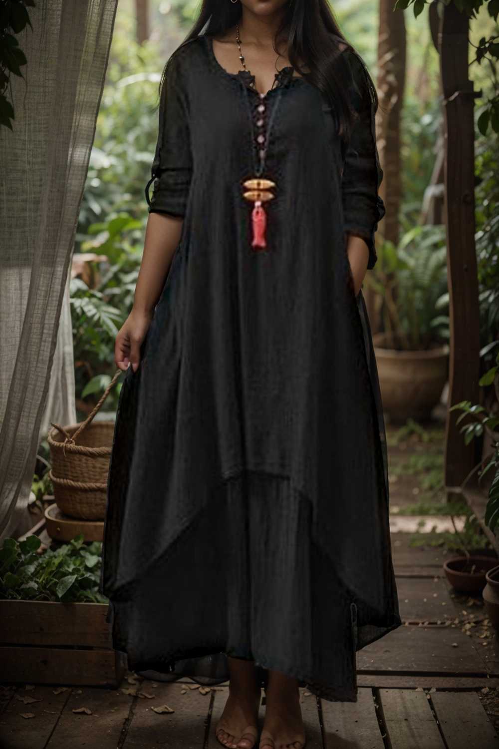 women s plus size casual dress swing dress solid color long dress maxi dress long sleeve button fake two piece v neck