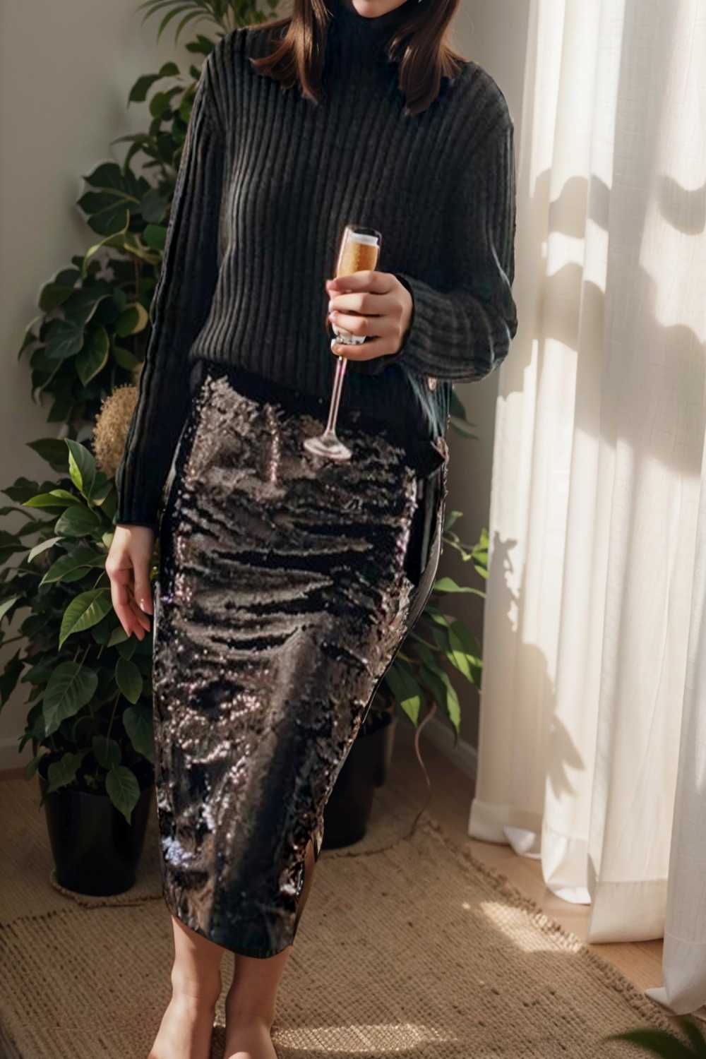 women s skirts sequined skinny slit midi skirt