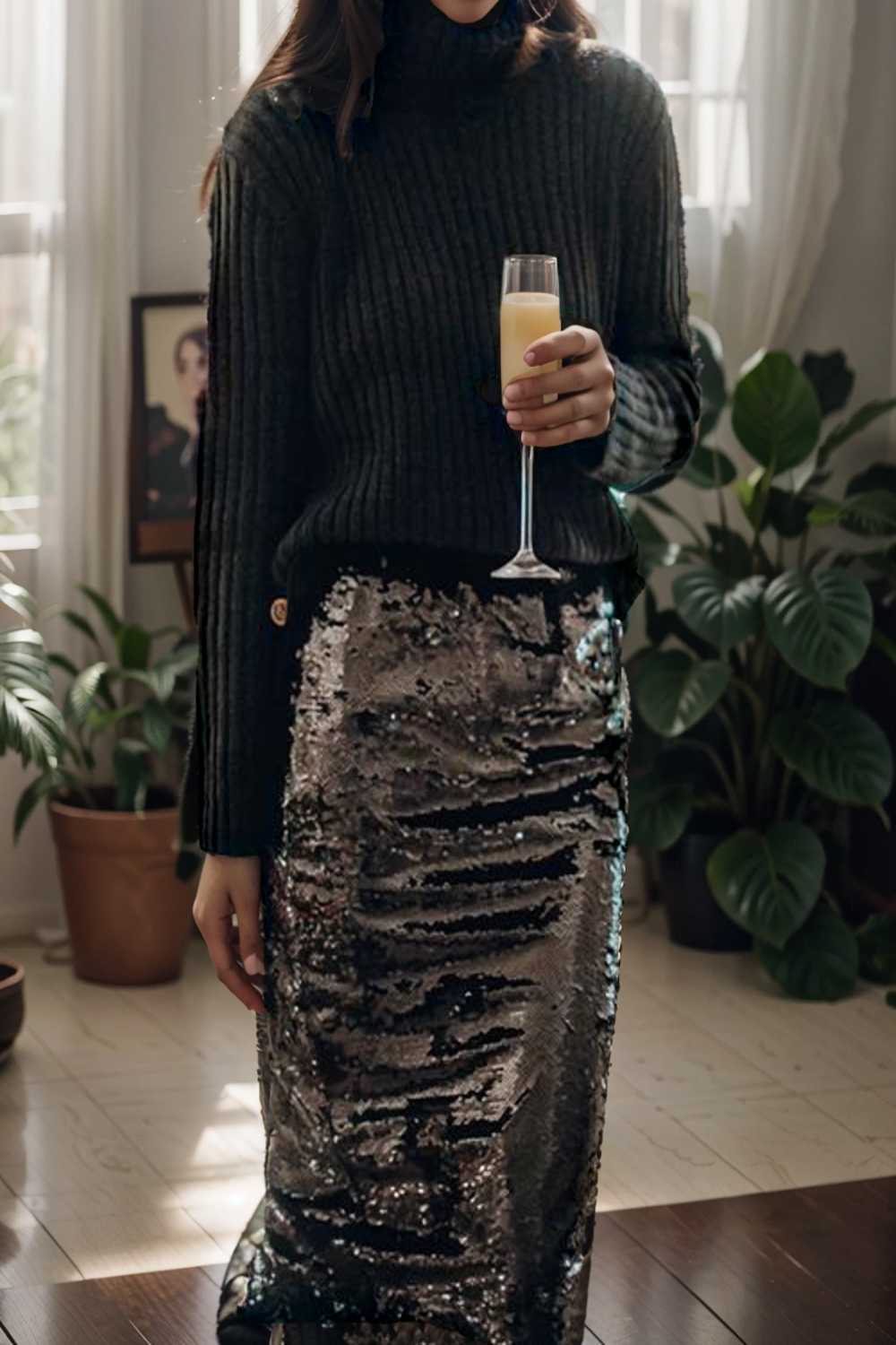 women s skirts sequined skinny slit midi skirt