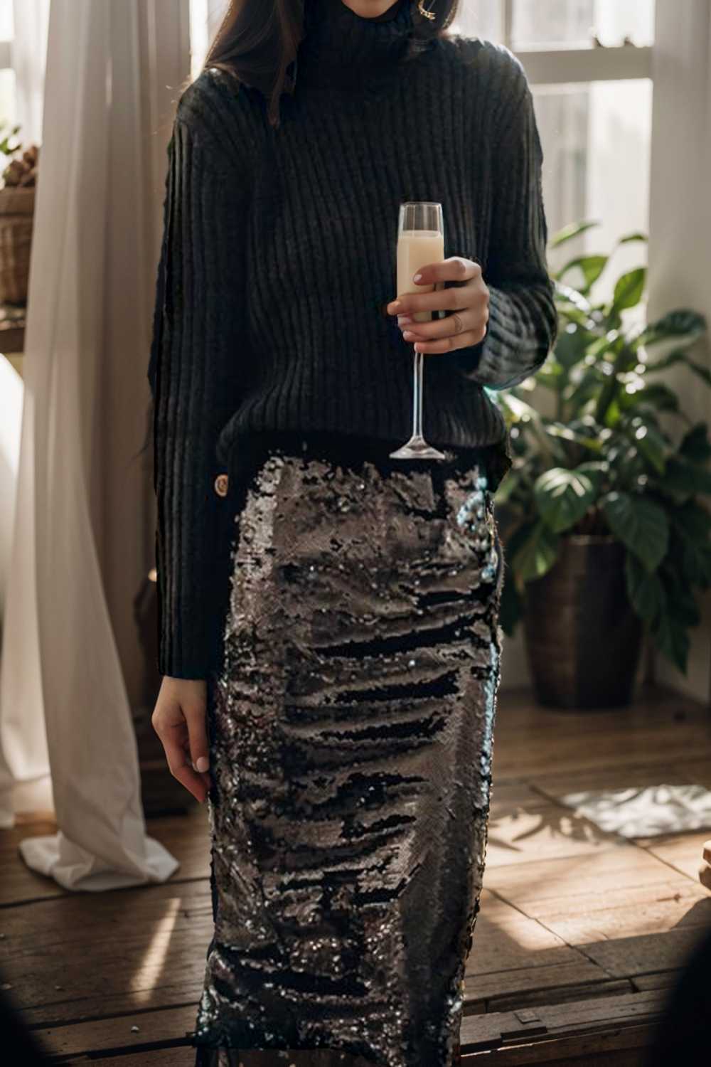 women s skirts sequined skinny slit midi skirt