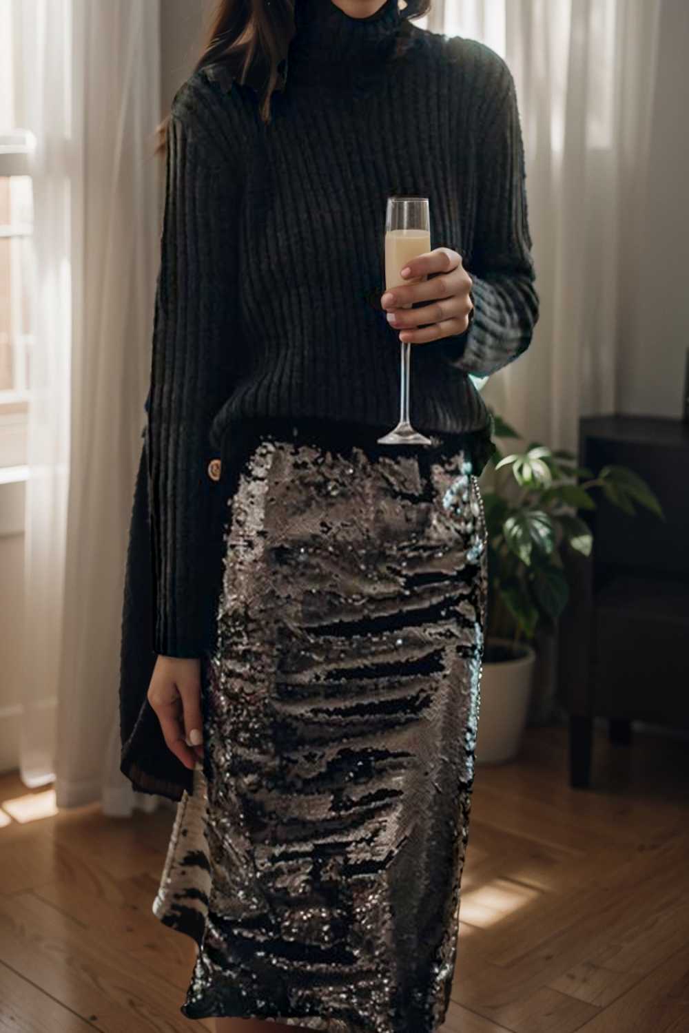 women s skirts sequined skinny slit midi skirt